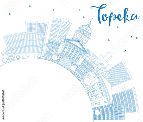 Outline Topeka Skyline with Blue Buildings and Copy Space.