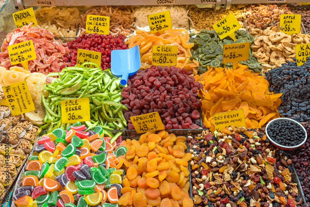 Dried fruits and candy for sale at a market in Istanbul, Turkey