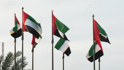 Flags of UAE waiving on the wind in sunset time.  photo
