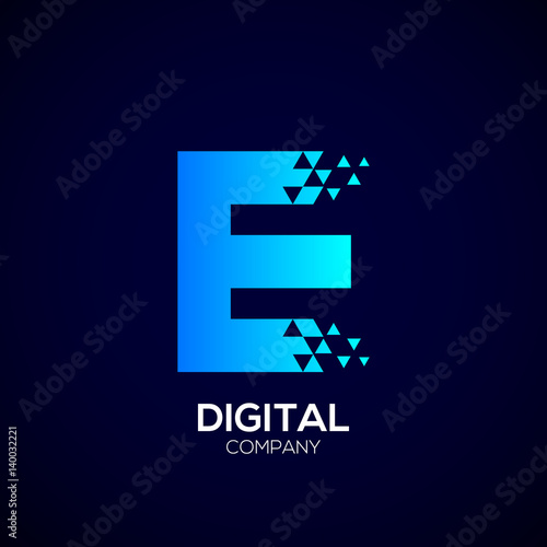 Letter E Pixel logo, Triangle,Blue color,Technology and digital logotype
