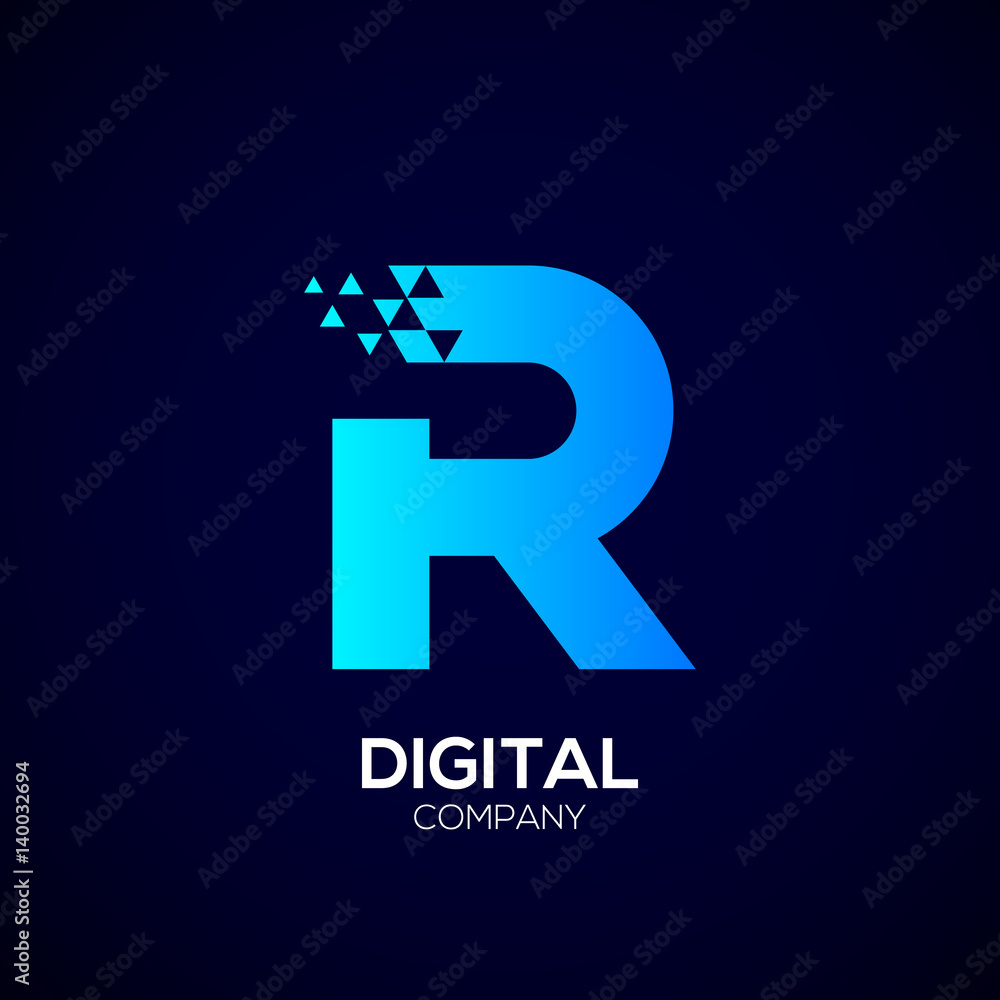 Letter R Pixel logo, Triangle,Blue color,Technology and digital logotype Letter R Pixel logo, Triangle,Blue color,Technology and digital logotype