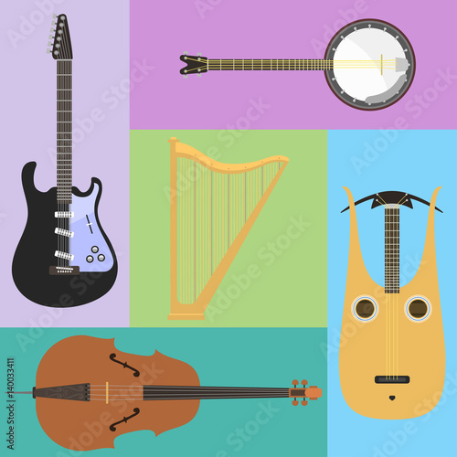 Set of stringed musical instruments classical orchestra art sound tool and acoustic symphony stringed fiddle wooden equipment vector illustration