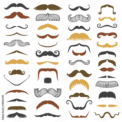 Vector mustache and beard mens silhouette isolated on white background different black and brown colors human face vector