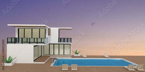 resort on sunset seaview with swimming pool in 3D rendering