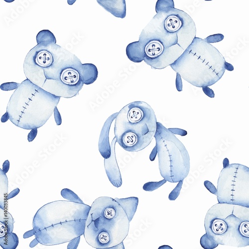 Seamless pattern with hand made toys. Watercolor creepy Teddy bear, cat, bunny