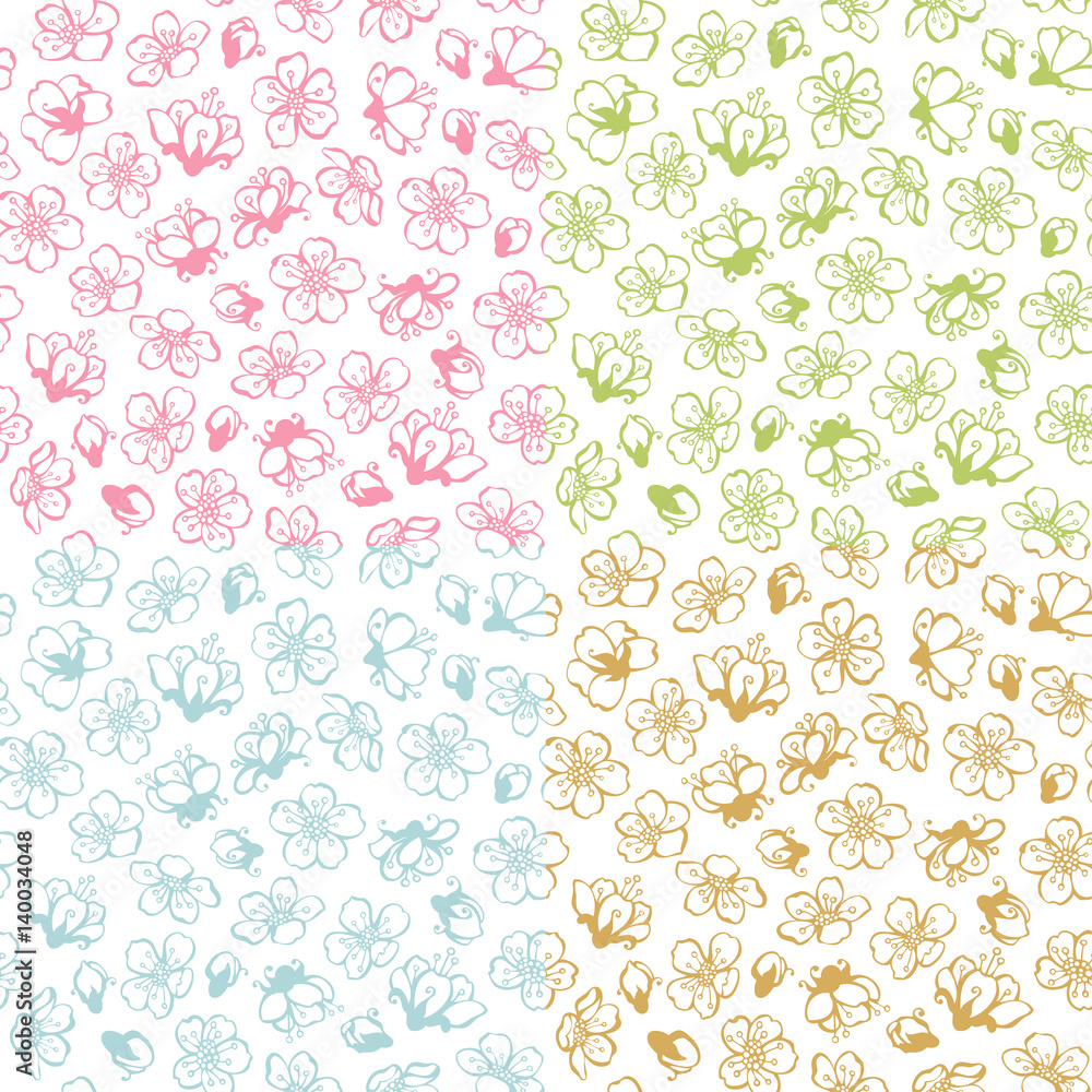 Vector set of doodles seamless spring blossoms patterns. Vector set of doodles seamless spring blossoms patterns.