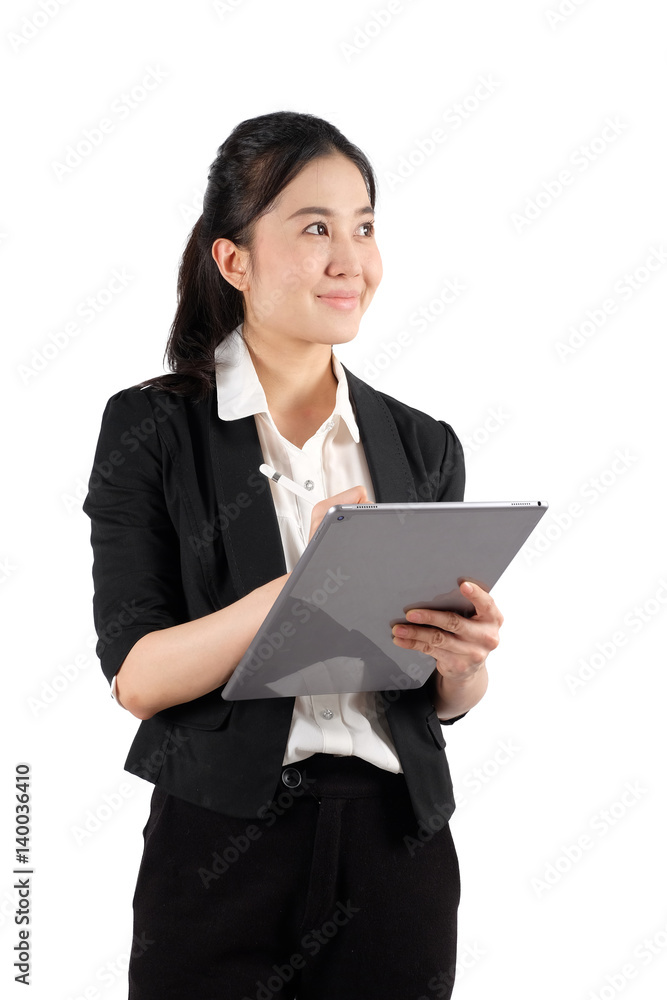 young working woman holding digital tablet on white background young working woman holding digital tablet on white background