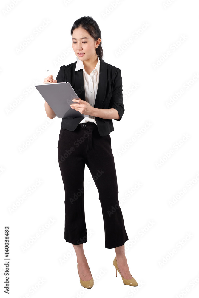 young working woman holding digital tablet on white background young working woman holding digital tablet on white background