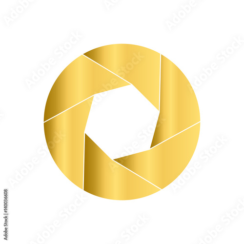 Gold camera shutter. Round icon. Circle logo.