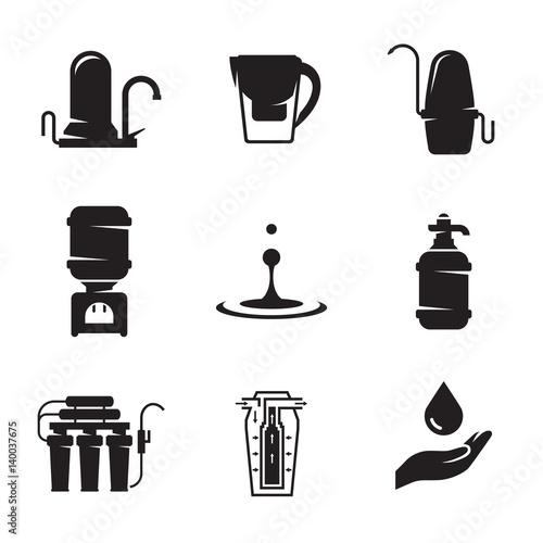 Water treatment, filter icons set
