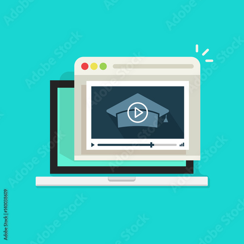 Online educational webinar vector illustration, flat style laptop with video player showing learning information, distance education, e-learning or study concept