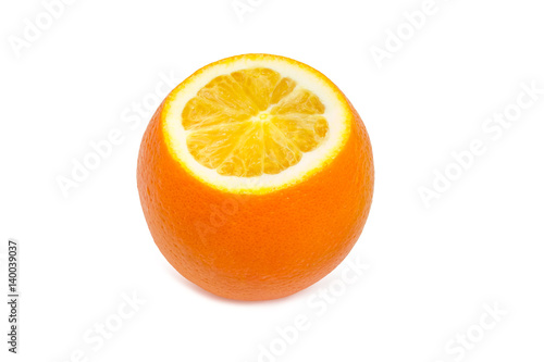 Partly cut orange on a light background