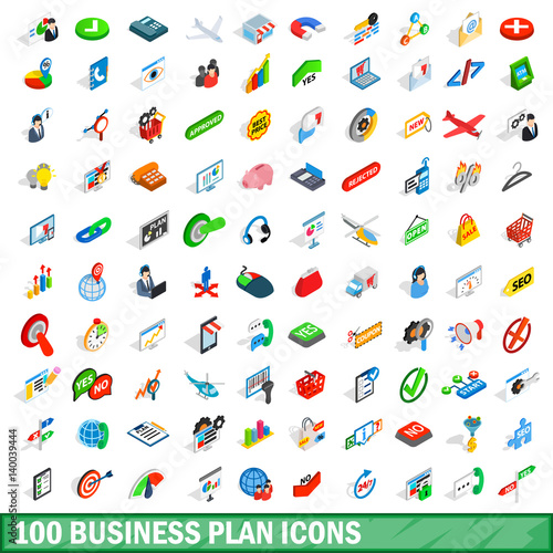 100 business plan icons set, isometric 3d style