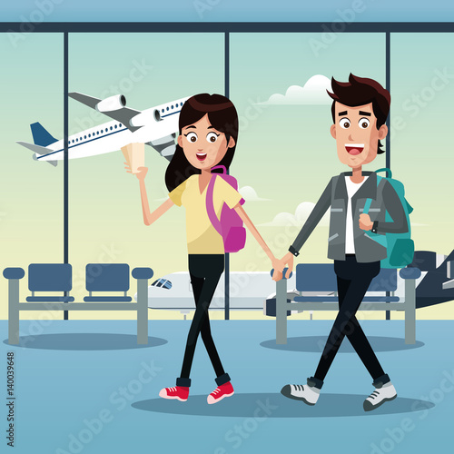 couple traveler tickets airport vector illustration eps 10 photo