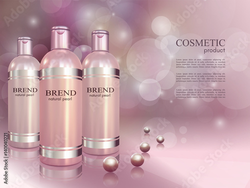 Cosmetic ads poster.Skin toner bottles isolated on glowing background with pearls. Mockup 3D Realistic vector illustration in soft purple color.