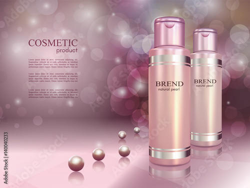 Cosmetic ads poster.Skin toner bottles isolated on glowing background with pearls. Mockup 3D Realistic vector illustration in soft purple color.
