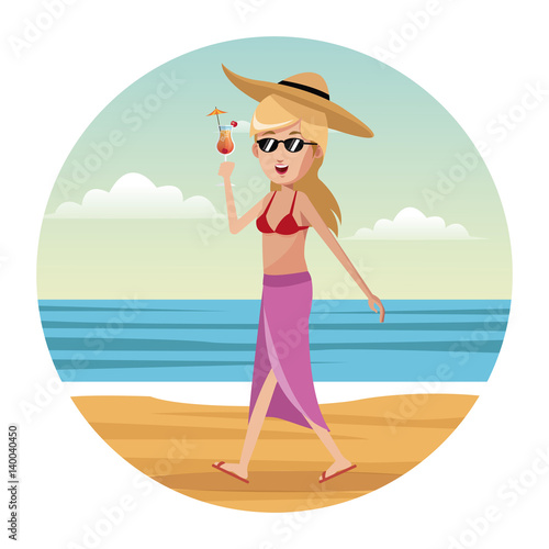 woman tourist swimsuit and hat vector illustration eps 10