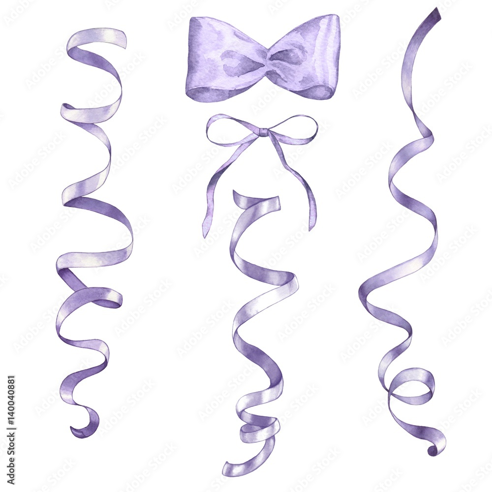 Set of satin ribbons and bows. Watercolor painting. Handmade drawing