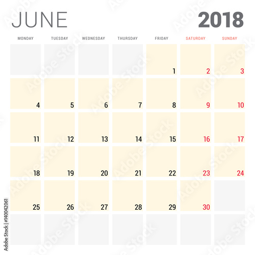 2018 calendar planner vector design template. June. Week starts on Monday. Stationery design