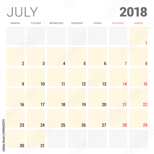2018 calendar planner vector design template. July. Week starts on Monday. Stationery design
