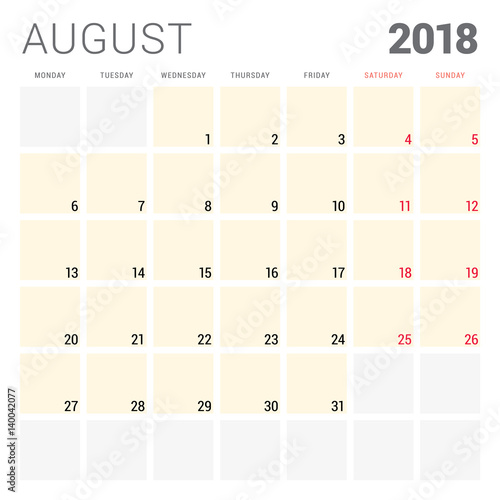 2018 calendar planner vector design template. August. Week starts on Monday. Stationery design
