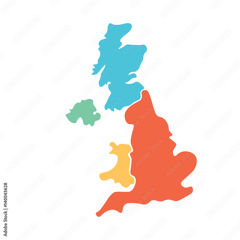 United Kingdom, aka UK, of Great Britain and Northern Ireland hand-drawn blank  map. Divided to four countries in different colors - England, Wales,  Scotland and NI. Simple flat vector illustration. Stock Vector