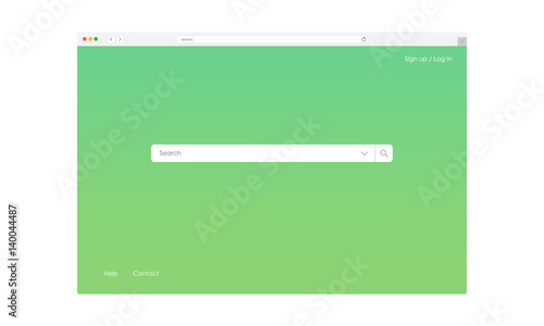 Browser window for computer with search bar and functions sign-up, log-in, contact, help. Mockup for adaptive responsive web design. Browser window with green colour. Vector illustration