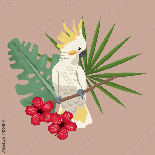 cockatoo bird exotic hibiscus palm leaves vector illustration eps 10
