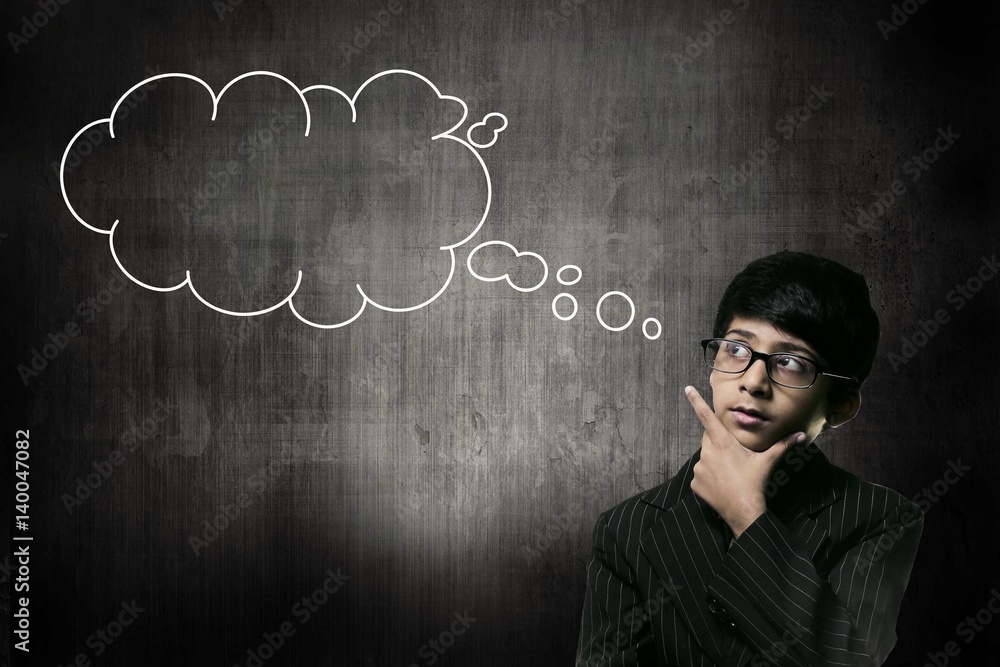 Genius Little Boy Wearing Glasses,Chalk Drawn Thinking Cloud