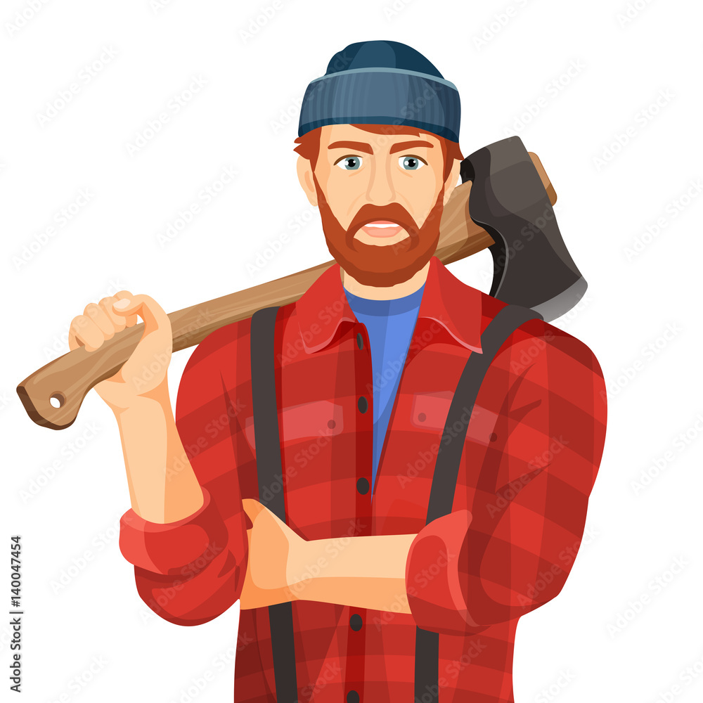 Axeman with wooden axe isolated on white background. Lumberman Axeman with wooden axe isolated on white background. Lumberman