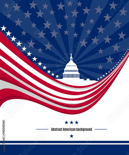 Patriotic American background with abstract USA flag and White house and Capitol building Washington DC symbol. Vector illustration