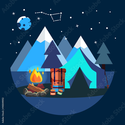Camping flat set with hiking equipment vector illustration