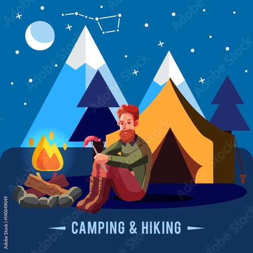 Camping flat set with hiking equipment vector illustration