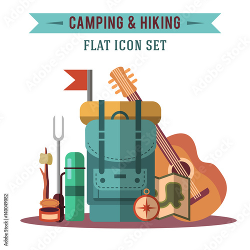Camping flat set with hiking equipment vector illustration