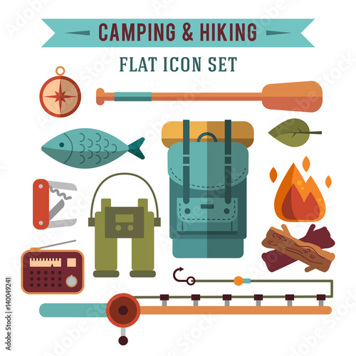 Camping flat set with hiking equipment vector icons set