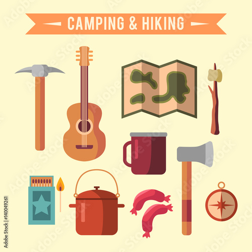 Camping flat set with hiking equipment vector icons set