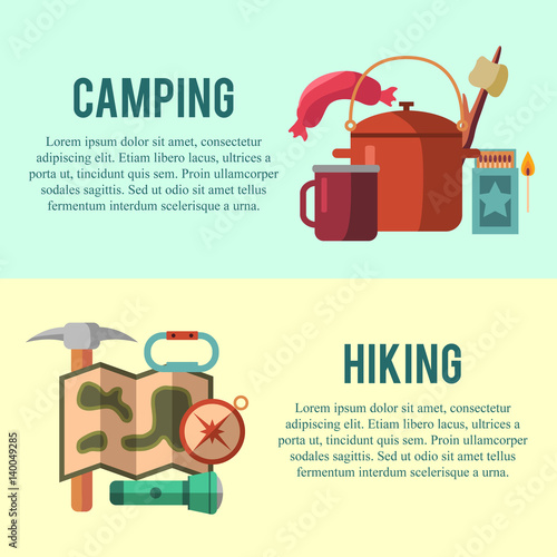 Camping flat set with hiking equipment vector illustration