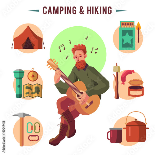 Camping flat set with hiking equipment vector icons set