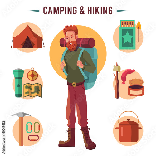 Camping flat set with hiking equipment vector icons set