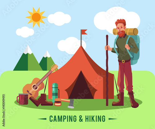 Camping flat set with hiking equipment vector illustration
