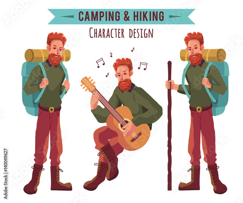 Camping flat set with hiking equipment vector icons set