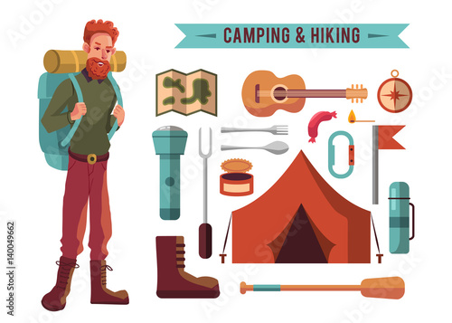 Camping flat set with hiking equipment vector icons set