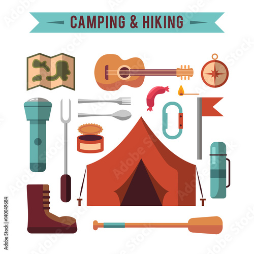 Camping flat set with hiking equipment vector icons set