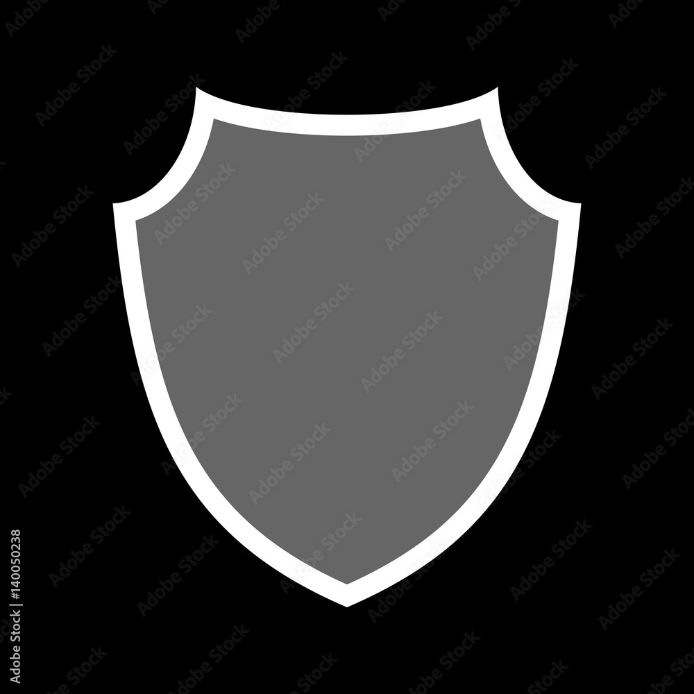Shield shape icon. Gray label sign, isolated on black background. Symbol of protection, arms, security, safety. Flat retro style design. Element vintage heraldic emblem. Vector illustration Shield shape icon. Gray label sign, isolated on black background. Symbol of protection, arms, security, safety. Flat retro style design. Element vintage heraldic emblem. Vector illustration