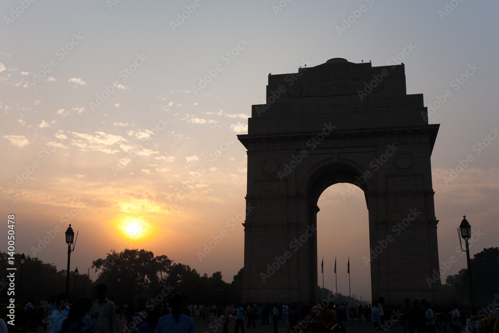 Sunset and Silhouette of India Gate Memorial at evening in Delhi
