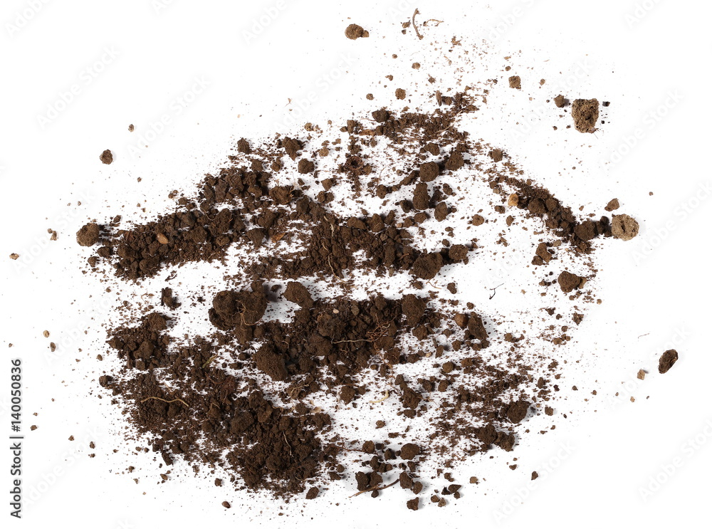 Pile of soil isolated on white background, top view