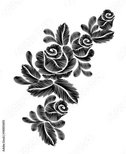 Black roses embroidery on white background. ethnic flowers neck line flower design graphics fashion wearing