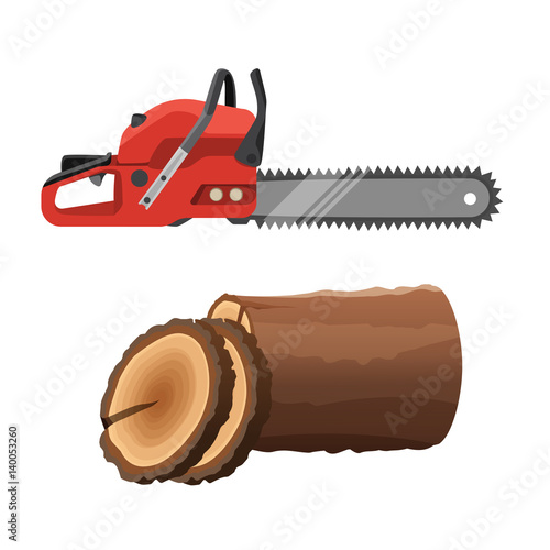 Axeman saw and stump isolated on white background. Gas chainsaw