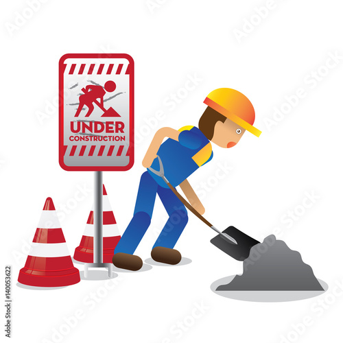 man worker with yellow jumpsuit and yellow helmet holding shovel near under construction sign and cones, vector illustration 