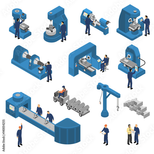 Machine Tools With Workers Isometric Set photo